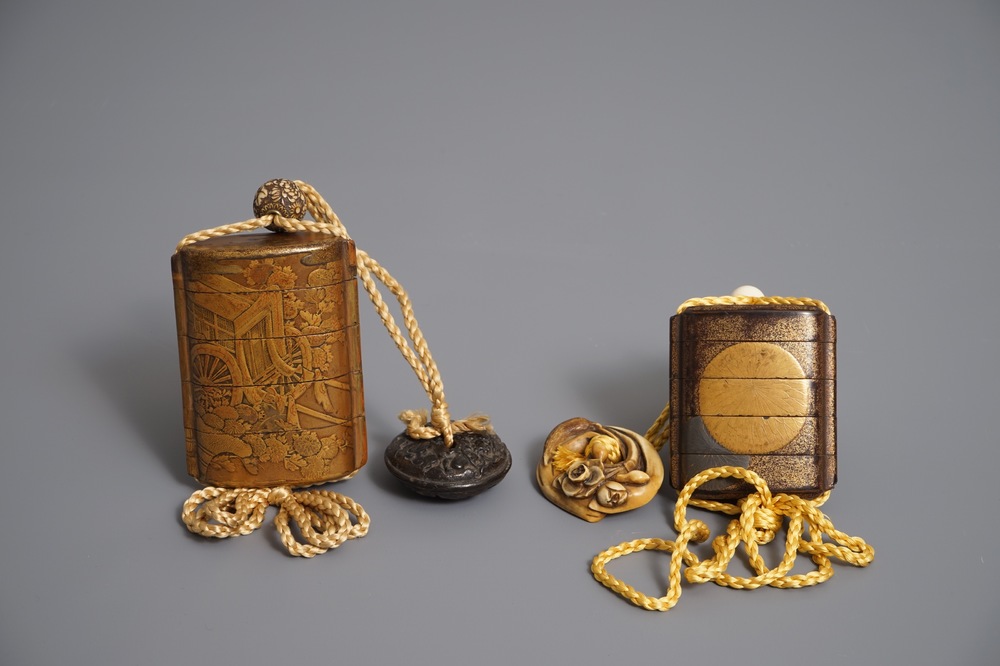 Twee Japanse maki-e lakwerk inro met ojime en netsuke, Meiji, 19e eeuw