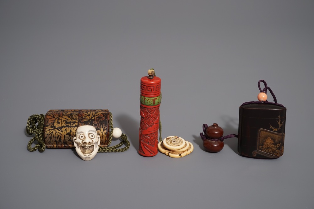 Three Japanese maki-e and red lacquer inro with ojime and netsuke, Meiji, 19/20th C.