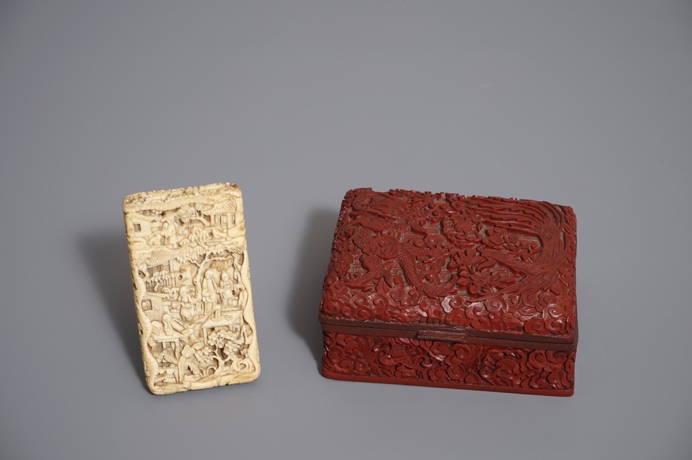 A Chinese ivory card case and a cinnabar lacquer box and cover, Qianlong mark, 19th C.