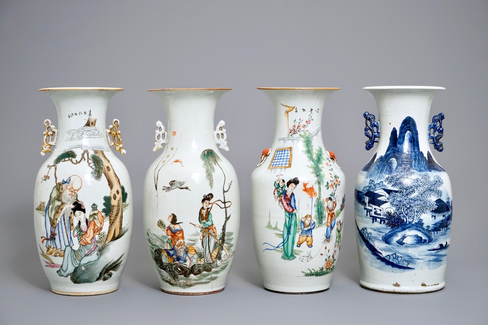Quatre vases en porcelaine de Chine famille rose et bleu et blanc, 19/20&egrave;me