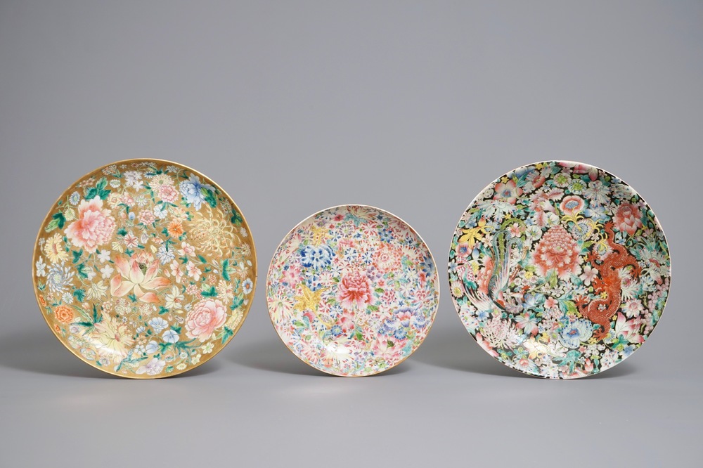 Three Chinese famille rose millefleurs dishes, Qianlong marks, Republic, 20th C.