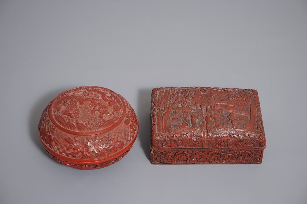 Two Chinese cinnabar lacquer boxes with dragons and figures in a landscape, 19/20th C.