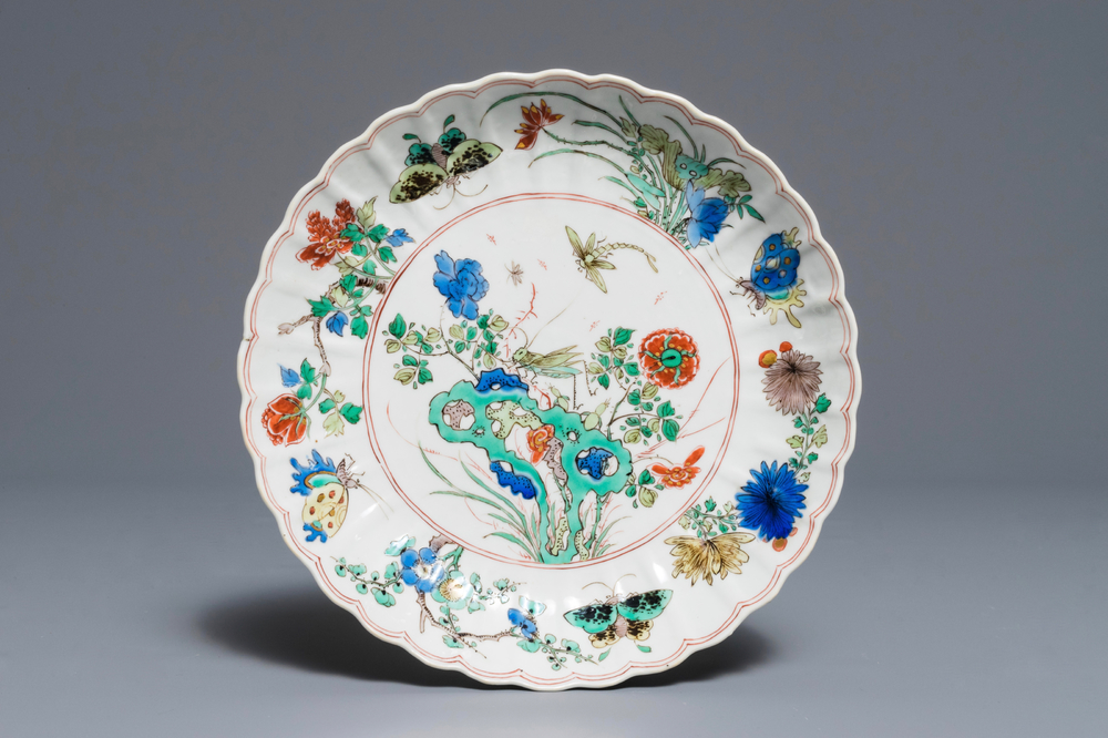 A lobed Chinese famille verte plate with insects, Kangxi