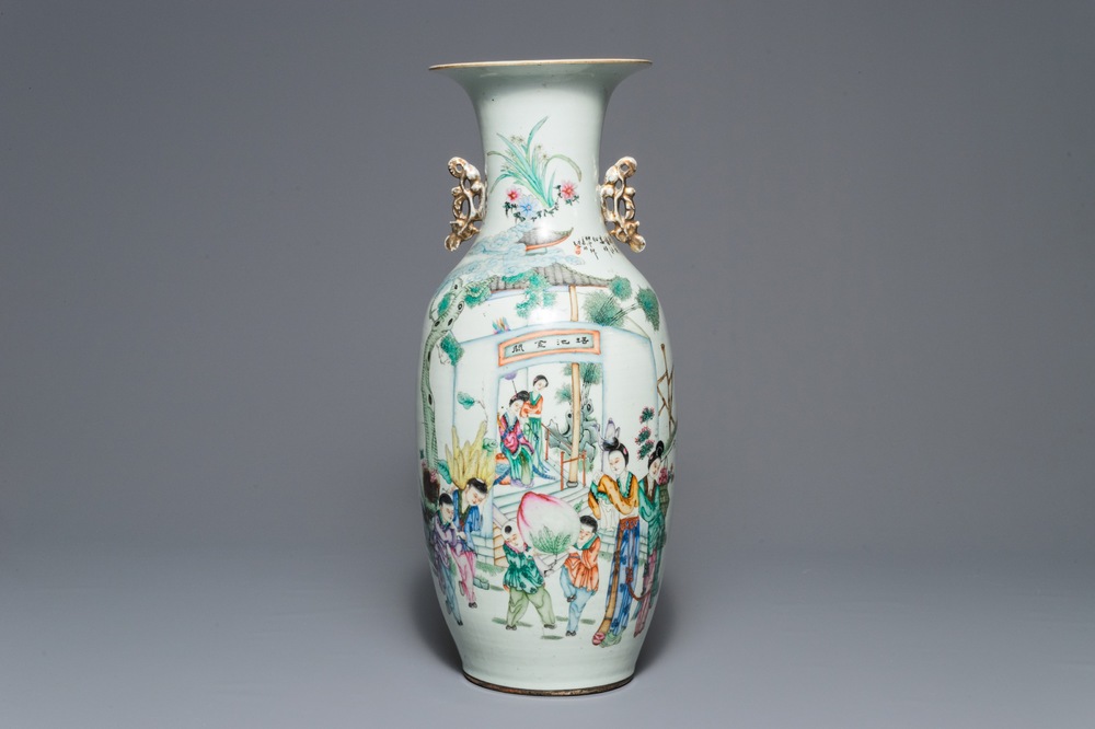 A Chinese famille rose double design vase, 19/20th C.