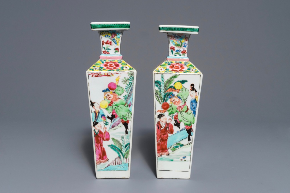 A pair of square Chinese famille rose vases with figures, Yongzheng
