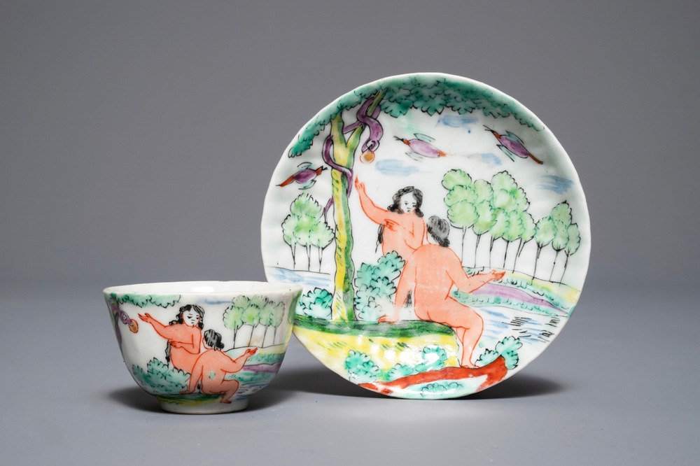Een in Nederland gedecoreerde Chinese kop en schotel met decor van Adam en Eva, Yongzheng