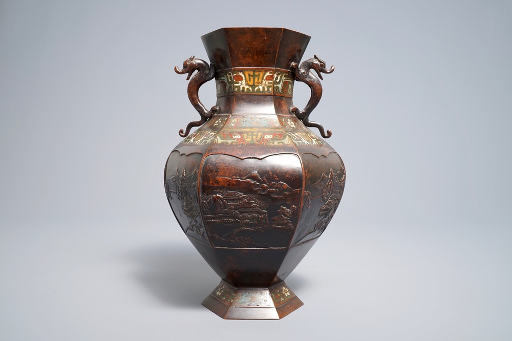 A Japanese bronze and champlev&eacute; vase, impressed mark, 19th C.