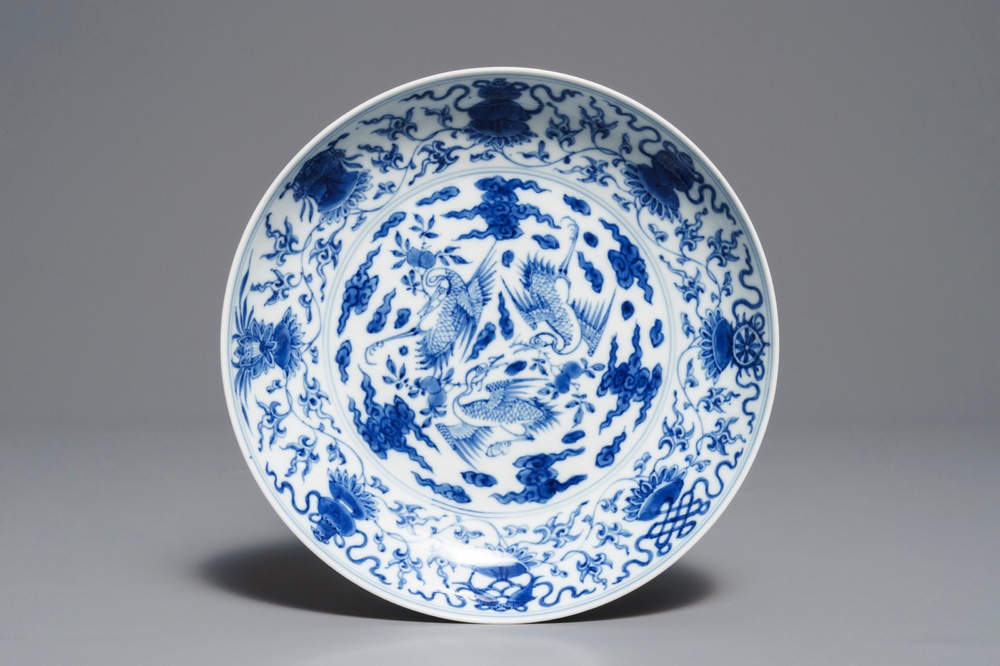 A Chinese blue and white 'cranes' plate, Yongzheng mark and of the period