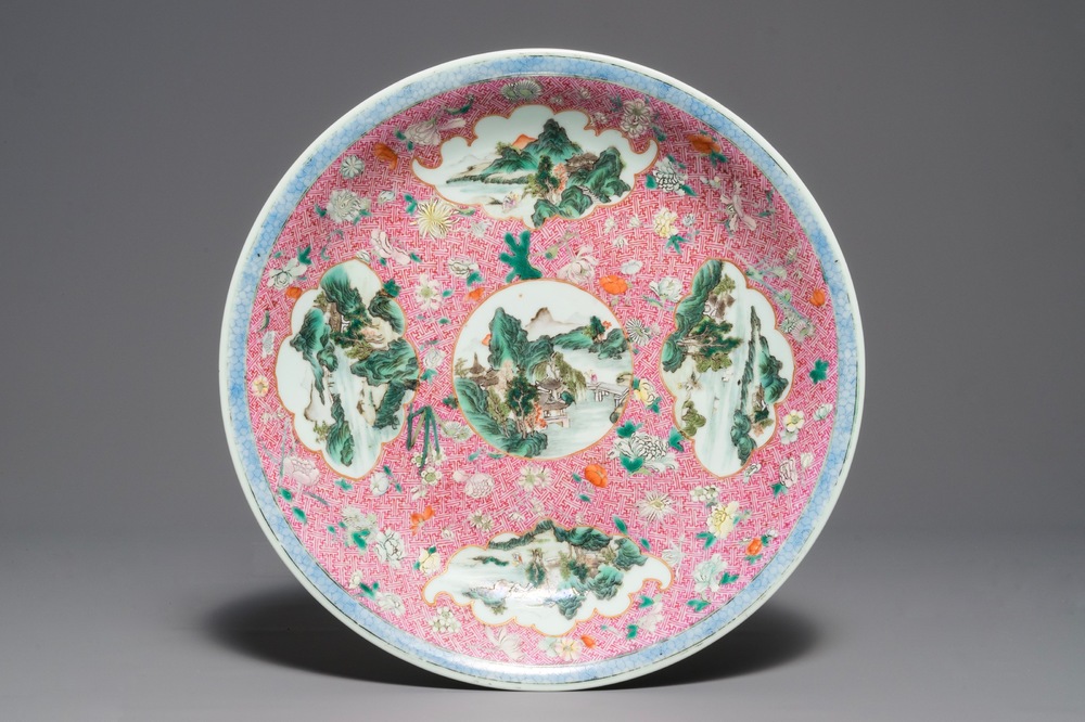 A Chinese famille rose dish with landscape medallions, Qianlong mark, Republic, 20th C.