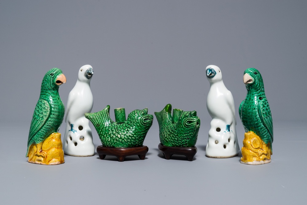 Two pairs of verte biscuit and blanc de Chine parrots and a pair of water droppers, Kangxi and later