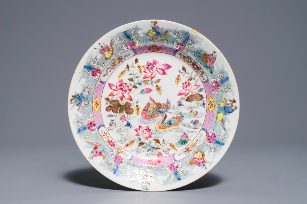 A Chinese famille rose 'immortals &amp; mandarin ducks' plate, Yongzheng style, Guangxu