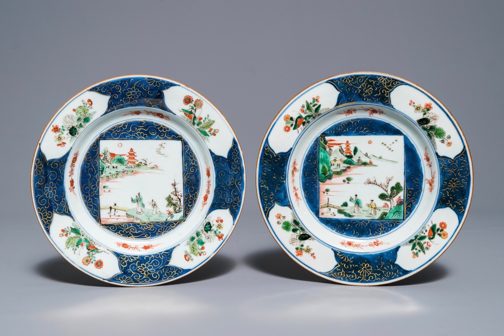 A pair of Chinese famille verte and powder blue plates, Kangxi