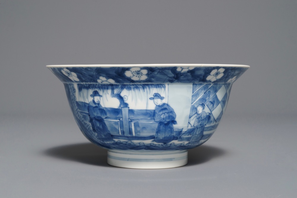 A Chinese blue and white bowl with figures in a garden, Kangxi mark and of the period
