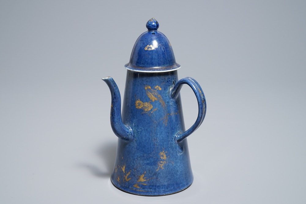 A Chinese powder blue and gilt 'lighthouse' type coffee pot and cover, Kangxi