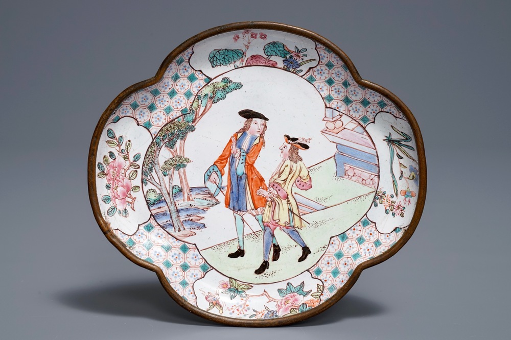 A Chinese Canton enamel quatrefoil 'Europeans' dish, Qianlong