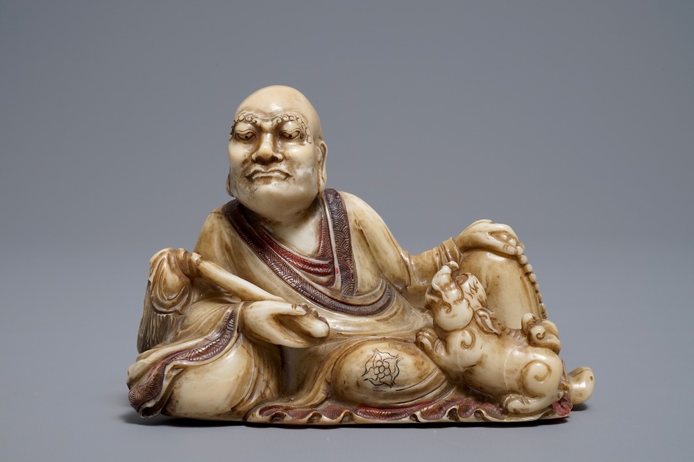 A Chinese Shoushan soapstone figure of a Luohan, 18/19th C.