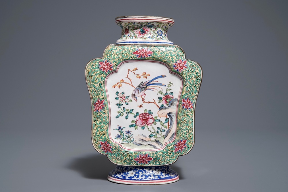 A Chinese Canton enamel vase with birds on flowering branches, Qianlong
