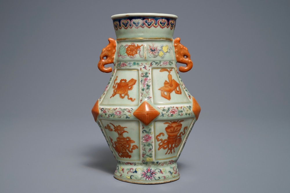 A Chinese famille rose celadon ground vase, Qianlong mark, 19th C.