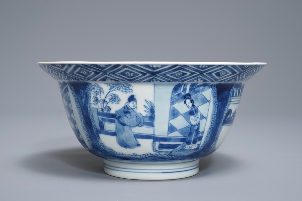 A Chinese blue and white klapmuts bowl with figural design, Kangxi mark and period