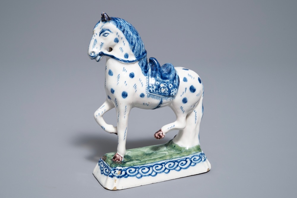 A fine Dutch Delft model of a horse on a ground, 18th C.