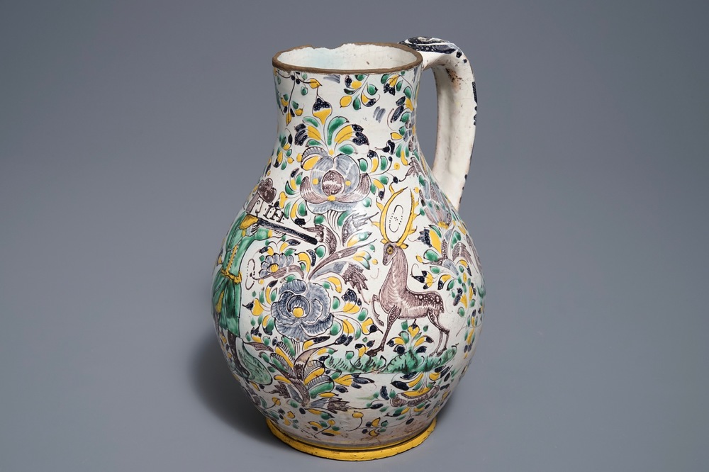 A Habaner pottery jug with a hunting scene, monogram IL, Slovakia, 18th C.