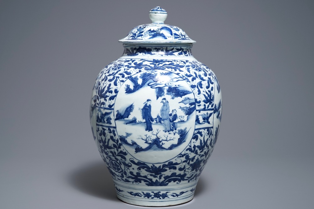 A large Chinese blue and white vase and cover with figurative medallions, Wanli, Ming