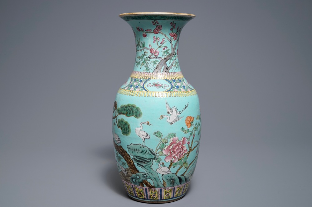 A Chinese famille rose turquoise ground vase, 19th C.