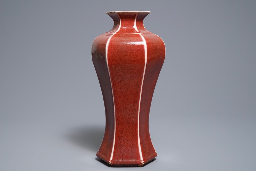 A Chinese sang-de-boeuf-glazed hexagonal meiping vase, 19th C.