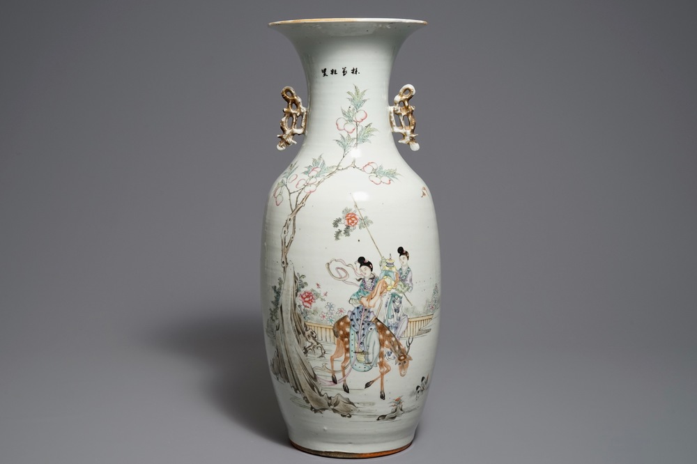 Un vase en porcelaine de Chine famille rose &agrave; d&eacute;cor de l'immortelle Magu, 19/20&egrave;me