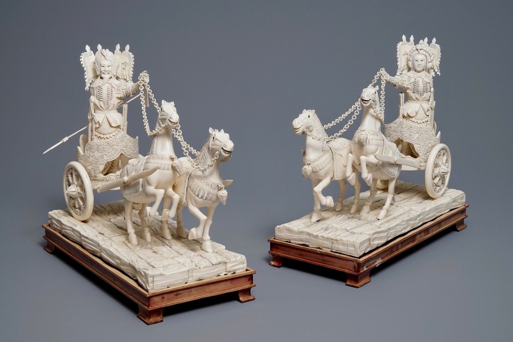 A pair of large Chinese ivory 'warriors on horse chariots' groups, late 19th C.