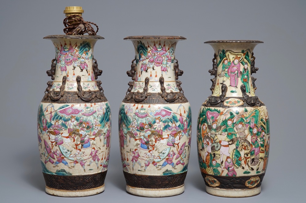 Three Chinese Nanking famille rose crackle-glazed vases, 19th C.