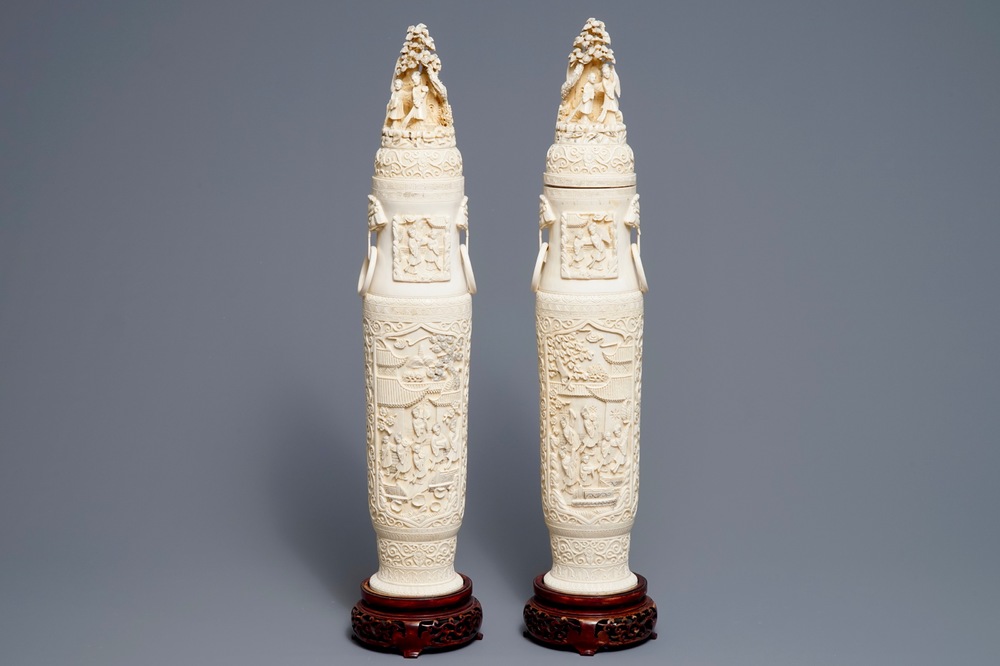 A pair of large Chinese ivory vases and covers, ca. 1900
