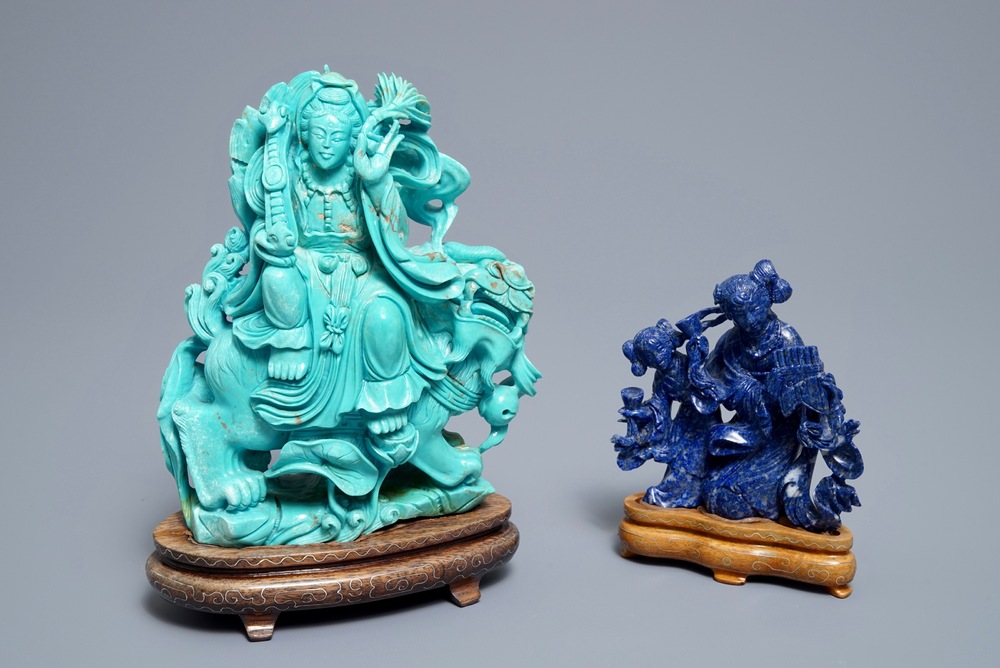 Two Chinese carved lapis lazuli and turquoise figures, 20th C.