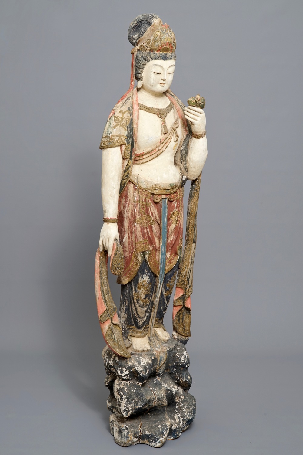 19th Century Chinese Carved and Painted Wood Figure of Guanyin