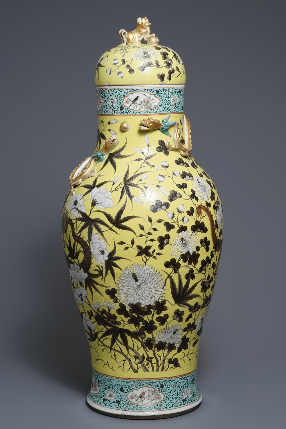 A large Chinese yellow ground Dayazhai style vase and cover, 19th C.