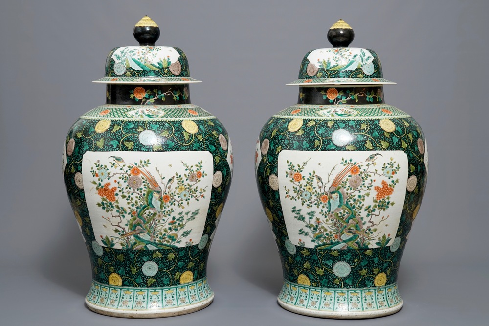 A pair of large Chinese famille noire vases and covers, 19/20th C.