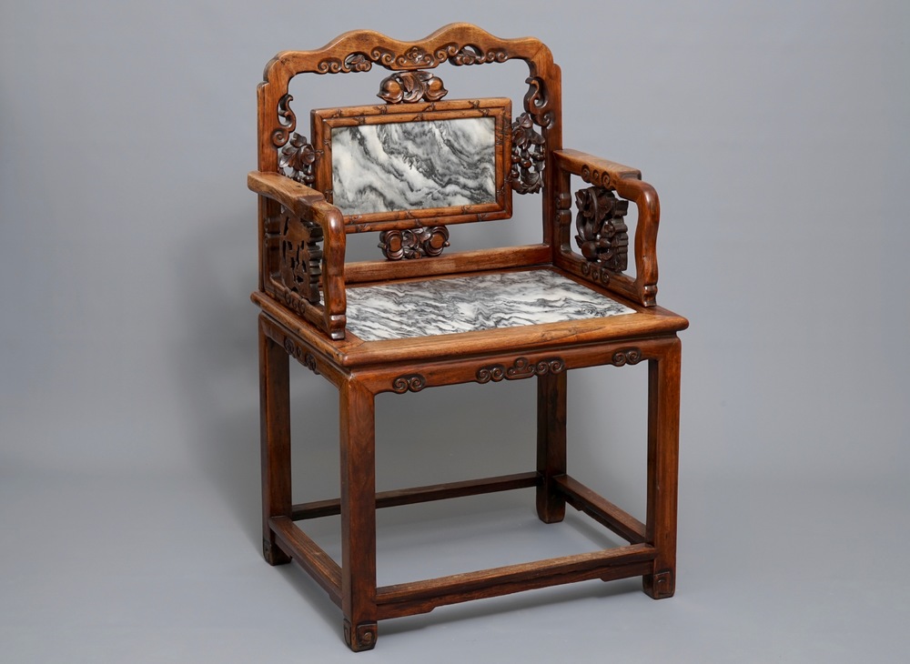 A Chinese marble-inset carved wood chair, early 20th C.