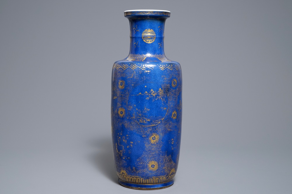 A Chinese powder blue and gilt rouleau vase, Kangxi