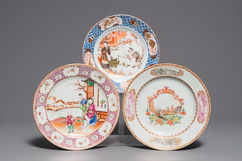 Trois assiettes en porcelaine de Chine famille rose et de style Imari, Yongzheng/Qianlong
