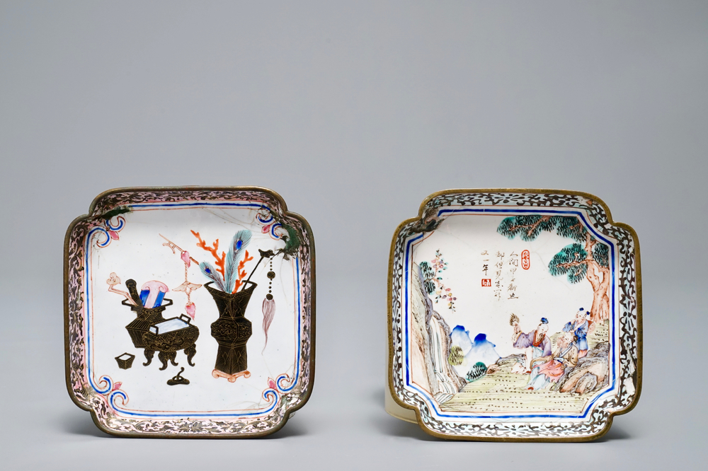 Two Chinese Canton enamel square saucers, Qianlong