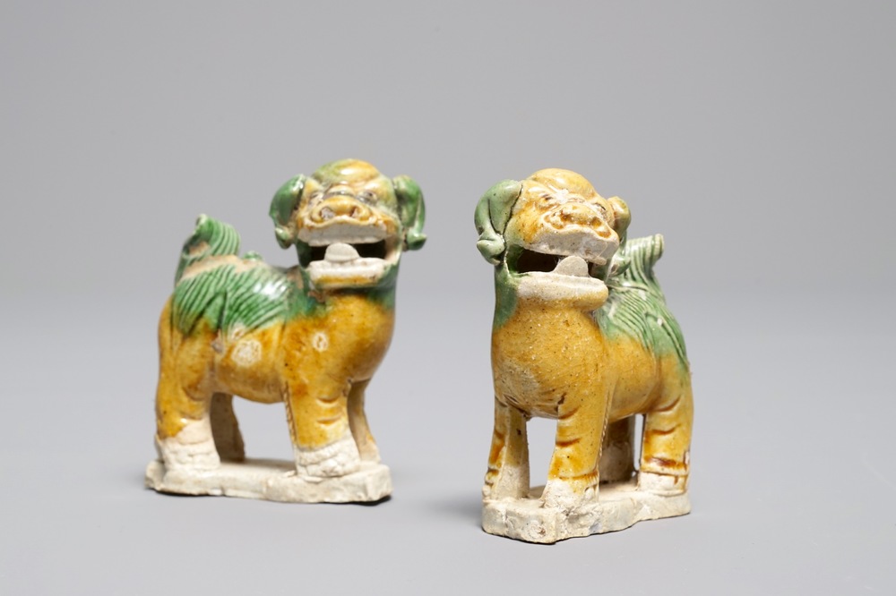 A pair of Chinese verte biscuit incense holders in the shape of lions, Ca Mau wreck, Yongzheng