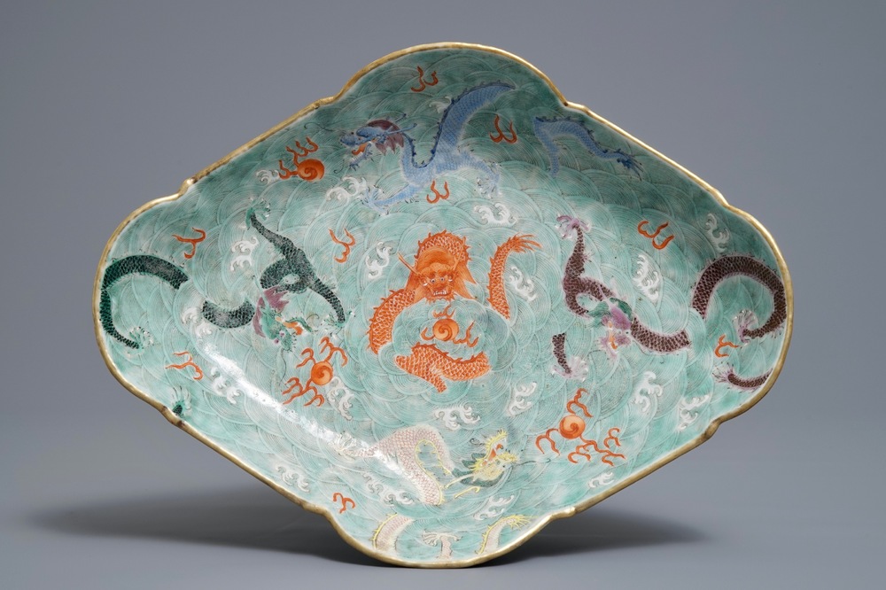 A Chinese imperial quatrefoil 'dragons' dish on foot, Jiaqing mark and of the period