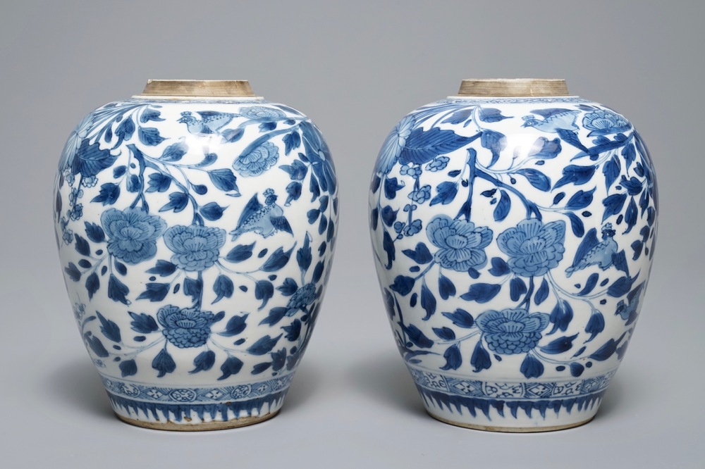 A pair of Chinese blue and white floral ginger jars, Kangxi
