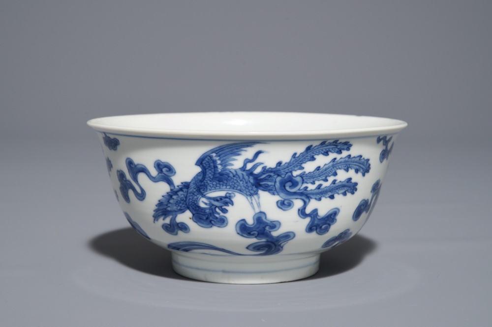 A Chinese blue and white 'phoenix' bowl, Chenghua mark, Kangxi