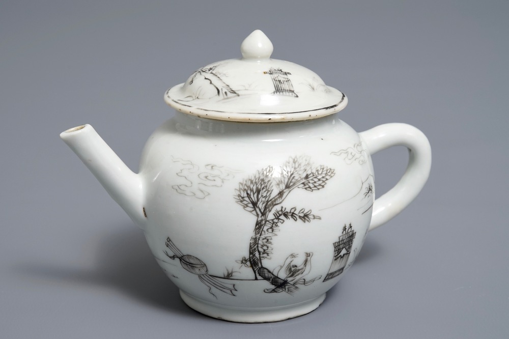 A small Chinese grisaille 'Valentine dove' teapot and cover, Qianlong