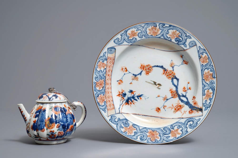 A Chinese Imari style teapot and a plate with bird on parchment design, Kangxi/Yongzheng