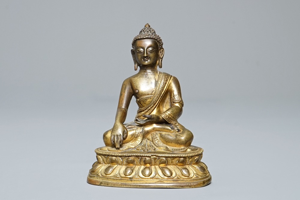 A Sino-Tibetan gilt bronze figure of Buddha Shakyamuni, 18th C.