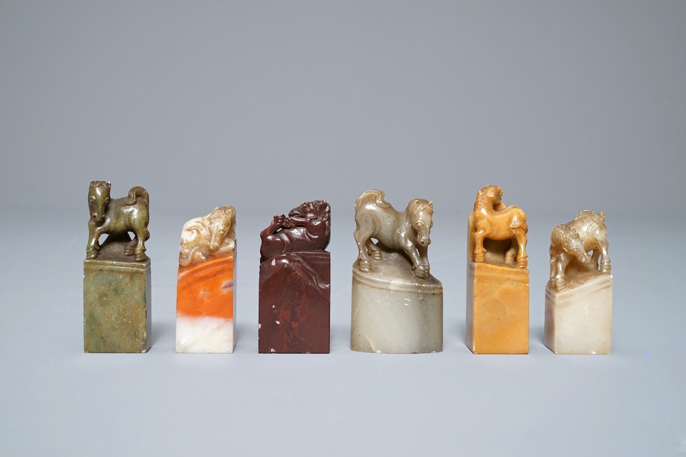 Six various Chinese hardstone seals with horses, 19/20th C.