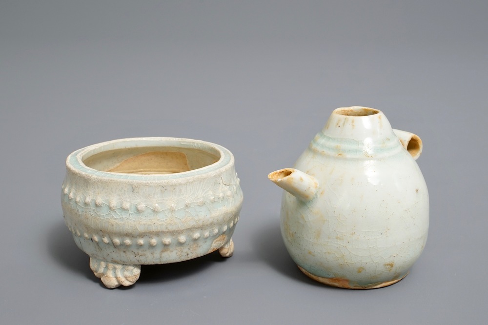 A small Chinese qingbai tripod censer and a water dropper, Song or Yuan