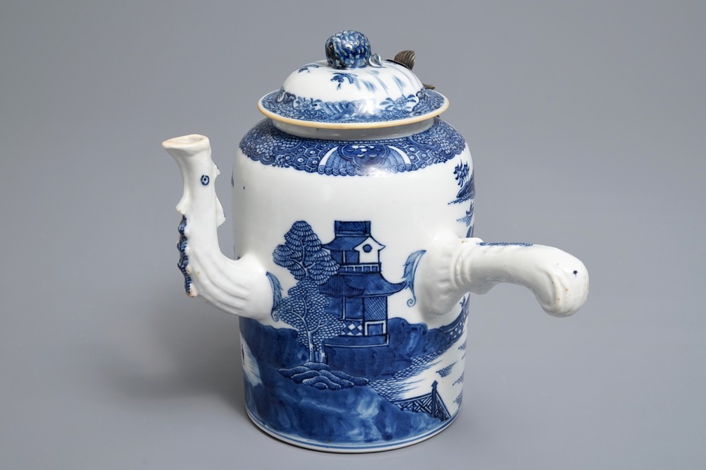 A Chinese blue and white chocolate jug with landscape design, Qianlong/Jiaqing